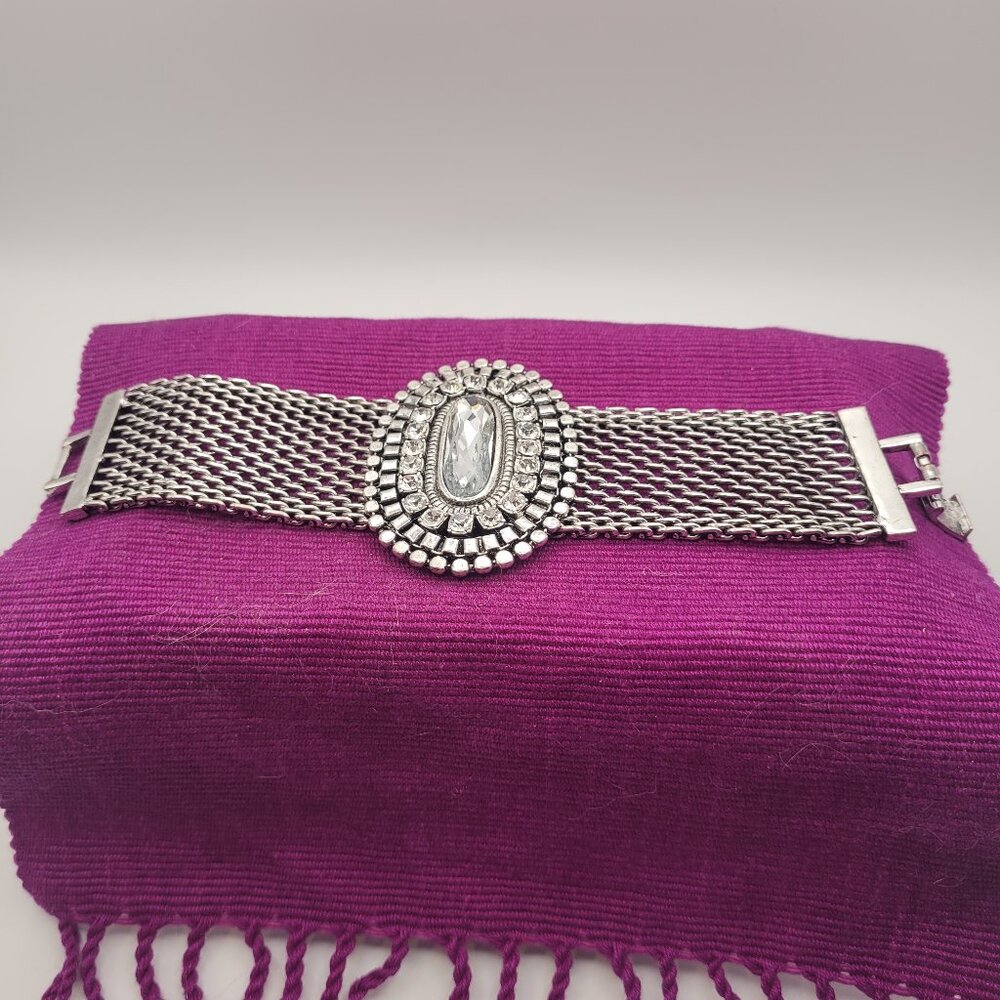 Wide Silver Tone Mesh Rhinestone Bracelet | Statement Oval Crystal Vintage Style